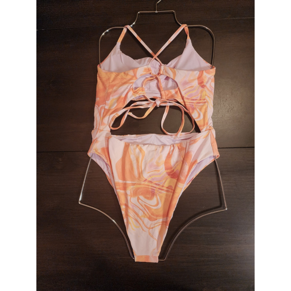 Aqua One piece Swimsuit Bathing Suit LARGE Pink Orange Yellow Swirl - Picture 6 of 16